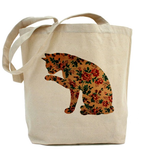 Tote Bag, Shopping Bag, Team Madcup, Decoupage Tote Bag, Recycled Cotton Everyday Tote, Eco Bag ,eco Friendly Bag - Floral Cat