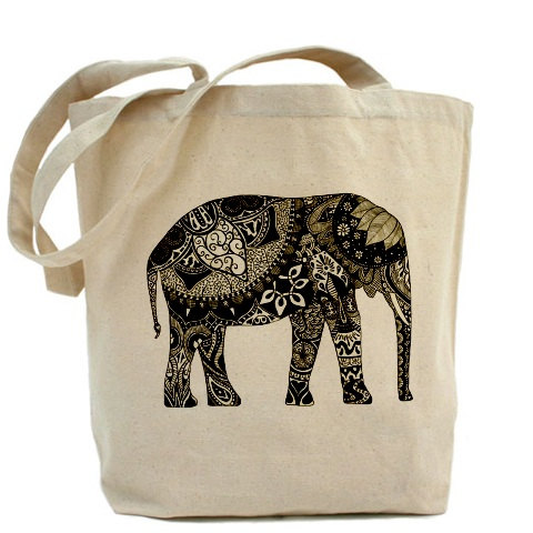 Tote Bag, Shopping Bag, Decoupage Tote Bag, Recycled Cotton Everyday Tote, Eco Bag ,eco Friendly Bag - Floral Elephant Bw